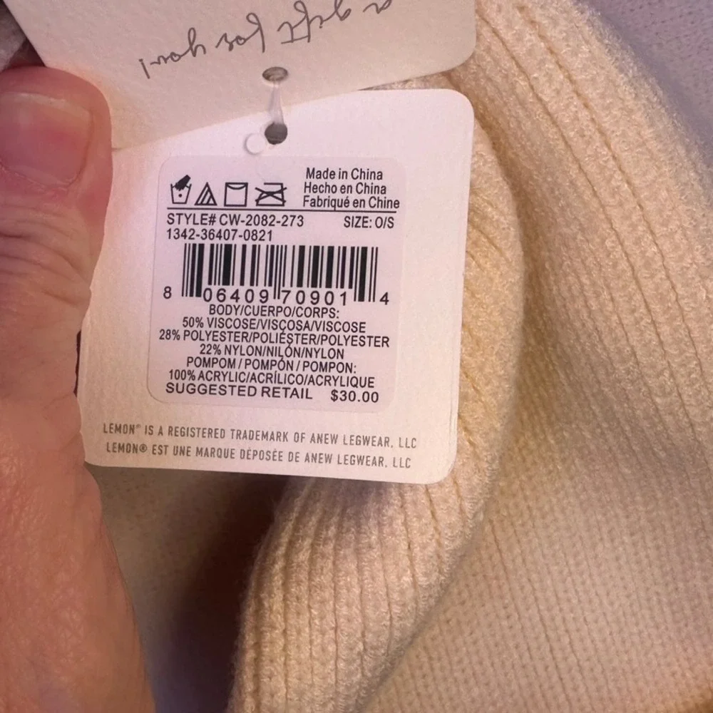 Lemon Cream Ribbed Knit Pom Beanie Hat One Size NWT